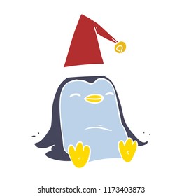 flat color style cartoon penguin wearing christmas hat
