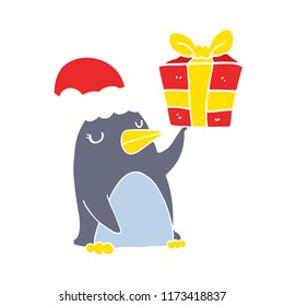 flat color style cartoon penguin with christmas present