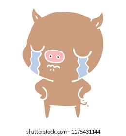 flat color style cartoon pig crying with hands on hips