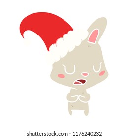 flat color style cartoon rabbit wearing christmas hat