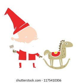 flat color style cartoon santa making toy