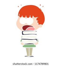 flat color style cartoon shocked boy with stack of books