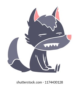 flat color style cartoon sitting  wolf showing teeth