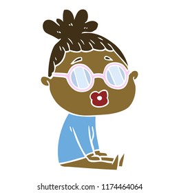caricatura de color llano sentada mujer con anteojos