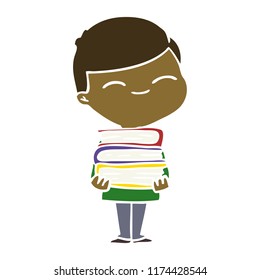 flat color style cartoon smiling boy with stack of books