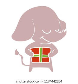 flat color style cartoon smiling elephant with present