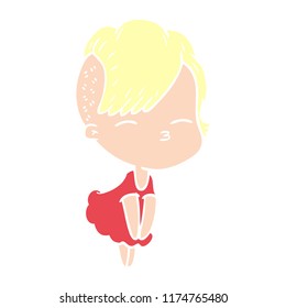 flat color style cartoon squinting girl in dress