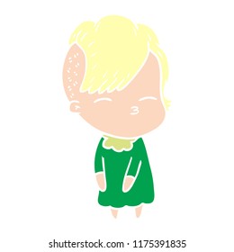 flat color style cartoon squinting girl