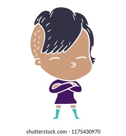 flat color style cartoon squinting girl