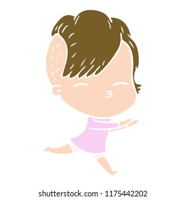 flat color style cartoon squinting girl running