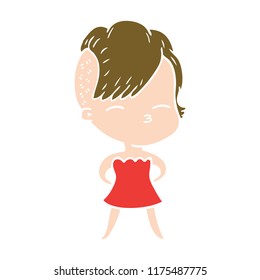 flat color style cartoon squinting girl in dress