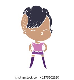 flat color style cartoon squinting girl