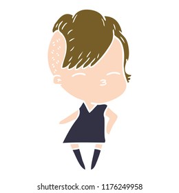 flat color style cartoon squinting girl in dress