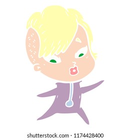 flat color style cartoon surprised girl in science fiction clothes