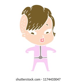 flat color style cartoon surprised girl in science fiction clothes