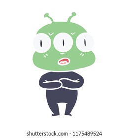 flat color style cartoon three eyed alien