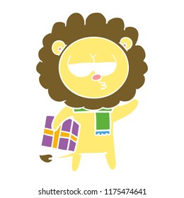 flat color style cartoon tired lion with gift