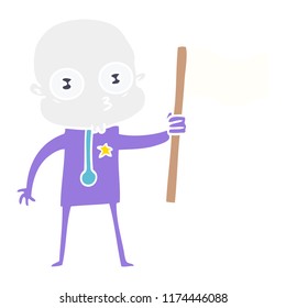 flat color style cartoon weird bald spaceman with flag