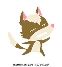 estilo de color plano lobo de dibujos animados mostrando dientes mientras bailan