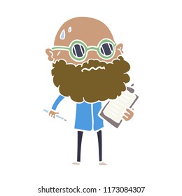 flat color style cartoon worried man with beard and sunglasses taking survey