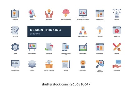 Ícones de pensamento de design de estilo de cor plana para criatividade, trabalho em equipe, inovação e desenvolvimento de interface de produto