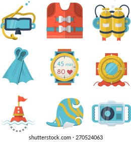 Flat color style diving vector icons. Set of flat color design icons for leisure diving objects on white background.
