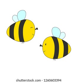 Flat color style illustration of cute little flying bees. Vector illustration.