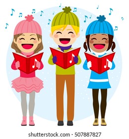 Flat color style illustration of kids singing Christmas carols