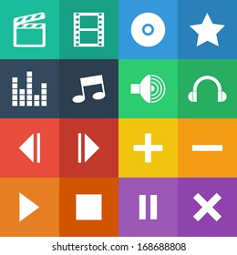 Flat Color style media player icons vector set.