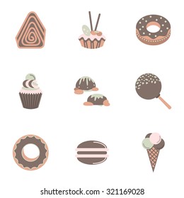 Flat color style set of sweet treats vector icons. Chocolate candies, cone ice cream, donut, lollipop. Web design elements