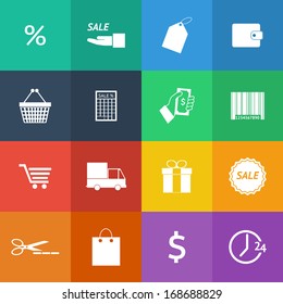 Flat Color style Shopping icons vector set.