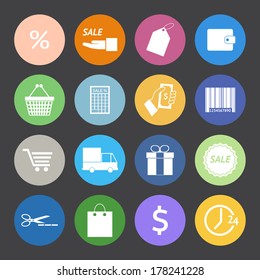 Flat Color style Shopping icons vector set.