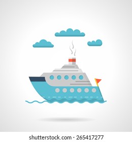 Flat color style vector icon for cruise steam passenger liner floating on waves on white background. 