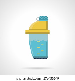 Flat color style vector icon for blue plastic protein shaker with yellow lid on white background. 