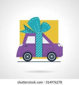 Flat color style vector icon for advertising action for cars. Purple automobile with ribbon bow for sale, rent or insurance proposition. Design elements for business and website