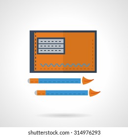 Flat color style vector icon for albums for yellow drawing with brushes. Drawing lessons, school subjects, accessories and supplies. Design elements for business and website