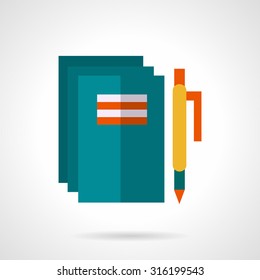 Flat color style vector icon for school supplies. Blue notebooks and yellow pen. Web design element for business.