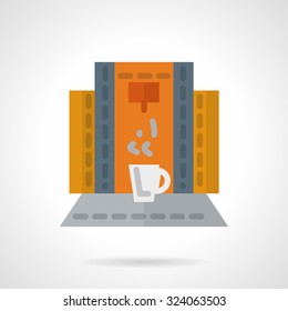 Flat color style vector icon for coffee maker. Modern appliance and white cup with hot aroma coffee. Elements of web design for business.