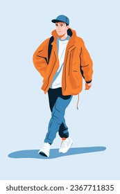 Flat Color Style Vector illustration of a man in a yellow jacket with a backpack.
