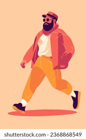 Flat Color Style Vector illustration of a hipster man with a beard and mustache in a red jacket and sunglasses runs on a pink background.