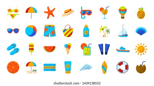 Flat color summer Holiday icon set. Sports and recreation. Beach accessories. Vector illustration.