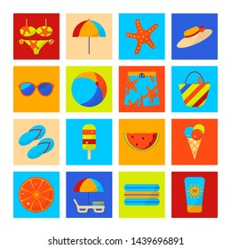 Flat color summer Holiday icon set. Sports and recreation. Beach accessories. Vector illustration.