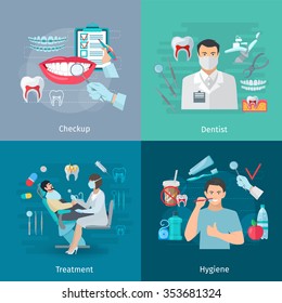 Flat color teeth care concept square composition of medical checkup dentist tools treatment and hygiene isolated vector illustration