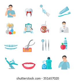 Flat color teeth icons set with dentist tools and dental care products isolated vector illustration