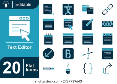 Conjunto de ícones do editor de texto de cor plana com ferramentas de documento, cursor, formatação, codificação e gravação. Design moderno e limpo para aplicativos da Web, interface do usuário de software, criação de conteúdo e projetos de publicação digital.