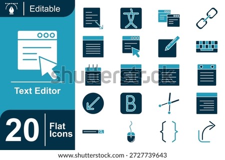 Flat color text editor icon set featuring document, cursor, formatting, coding, and writing tools. Clean modern design for web apps, software UI, content creation, and digital publishing projects.