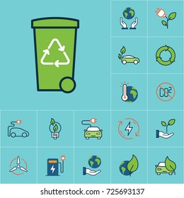 flat color trash bin with recycle sign, green energy set on blue background
