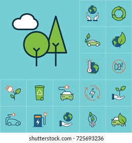 flat color trees icon, green energy set on blue background