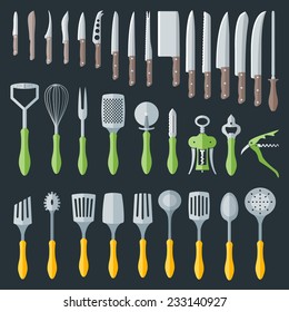 flat color various kitchenware cutlery equipment set