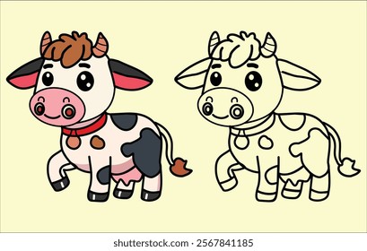 Flat Color Vector Art of a Cartoon Cow Grazing Grass